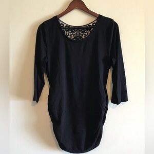 Crocheted Shoulder Tee with Ruching on the Sides.